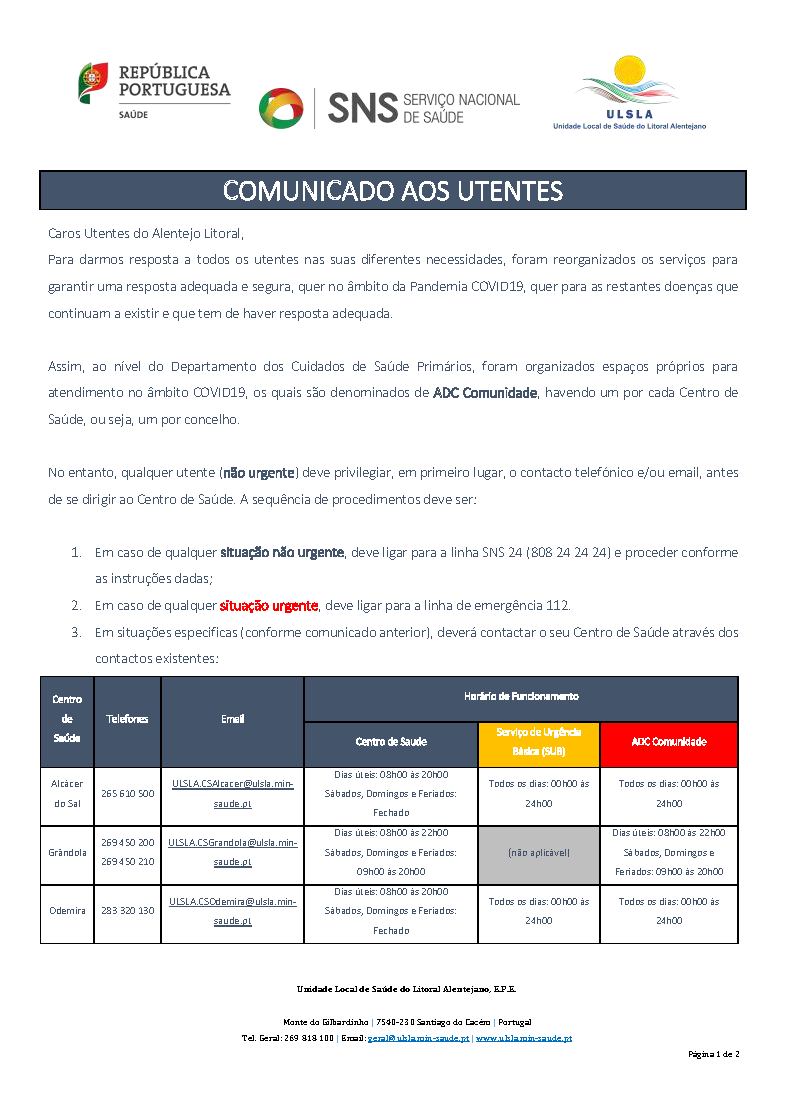  COVID 19 - Comunicado da ULSLA aos utentes do Litoral Alentejano - 02 abril 2020