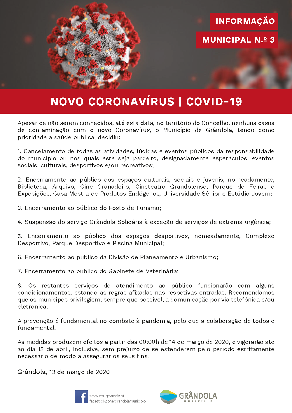 COVID 19 - Informação à População n.º 3 - 13 de março 2020