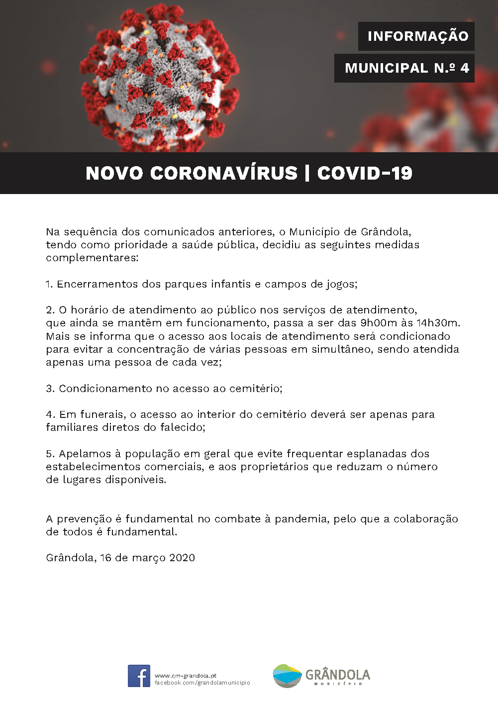 COVID 19 - Informação à População n.º 4 - 16 de março 2020