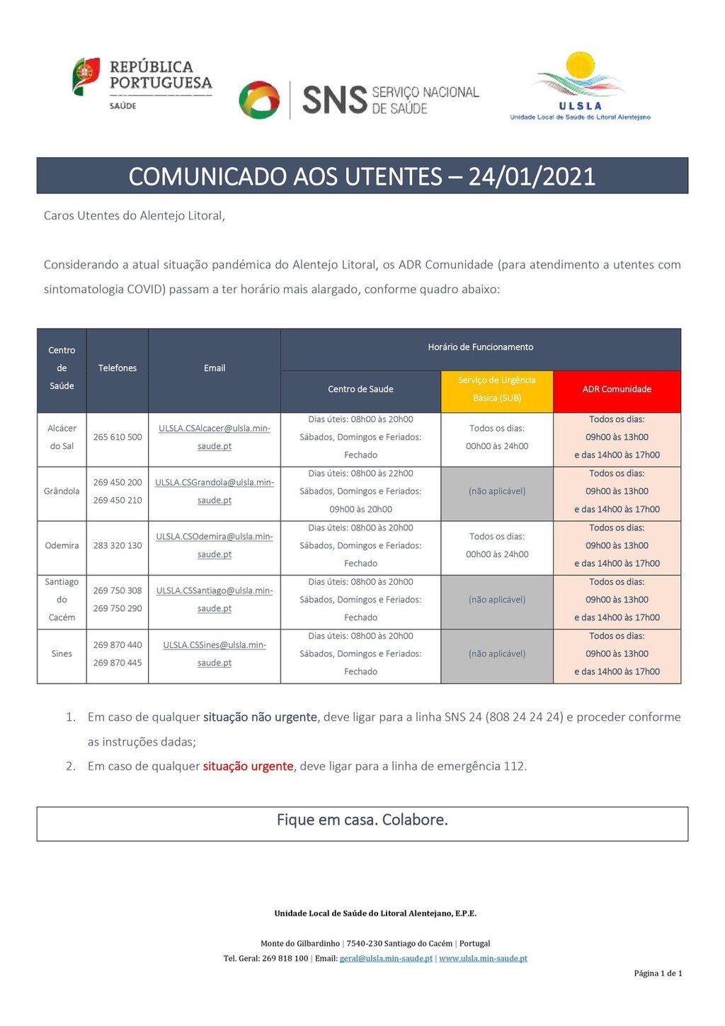 Comunicado da ULSLA - Alargamento do horário das ADR Comunidade (para atendimento a utentes com  ...