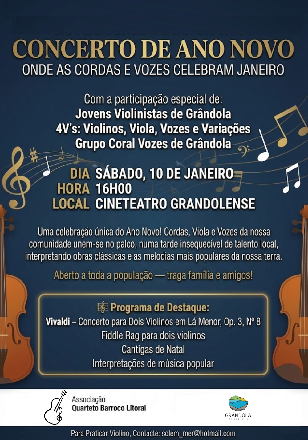MÚSICA | Concerto de ano novo - Jovens Violinistas de Grândola  e Grupo Coral Vozes de Grândola
