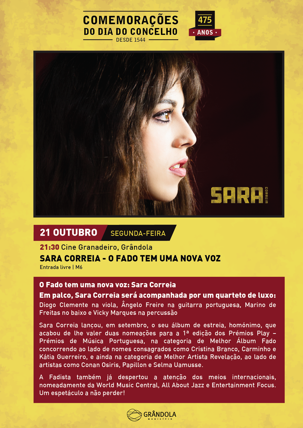 Outubro é mês de Comemorações do Concelho em Grândola - Espetáculo com a fadista Sara Correia em ...