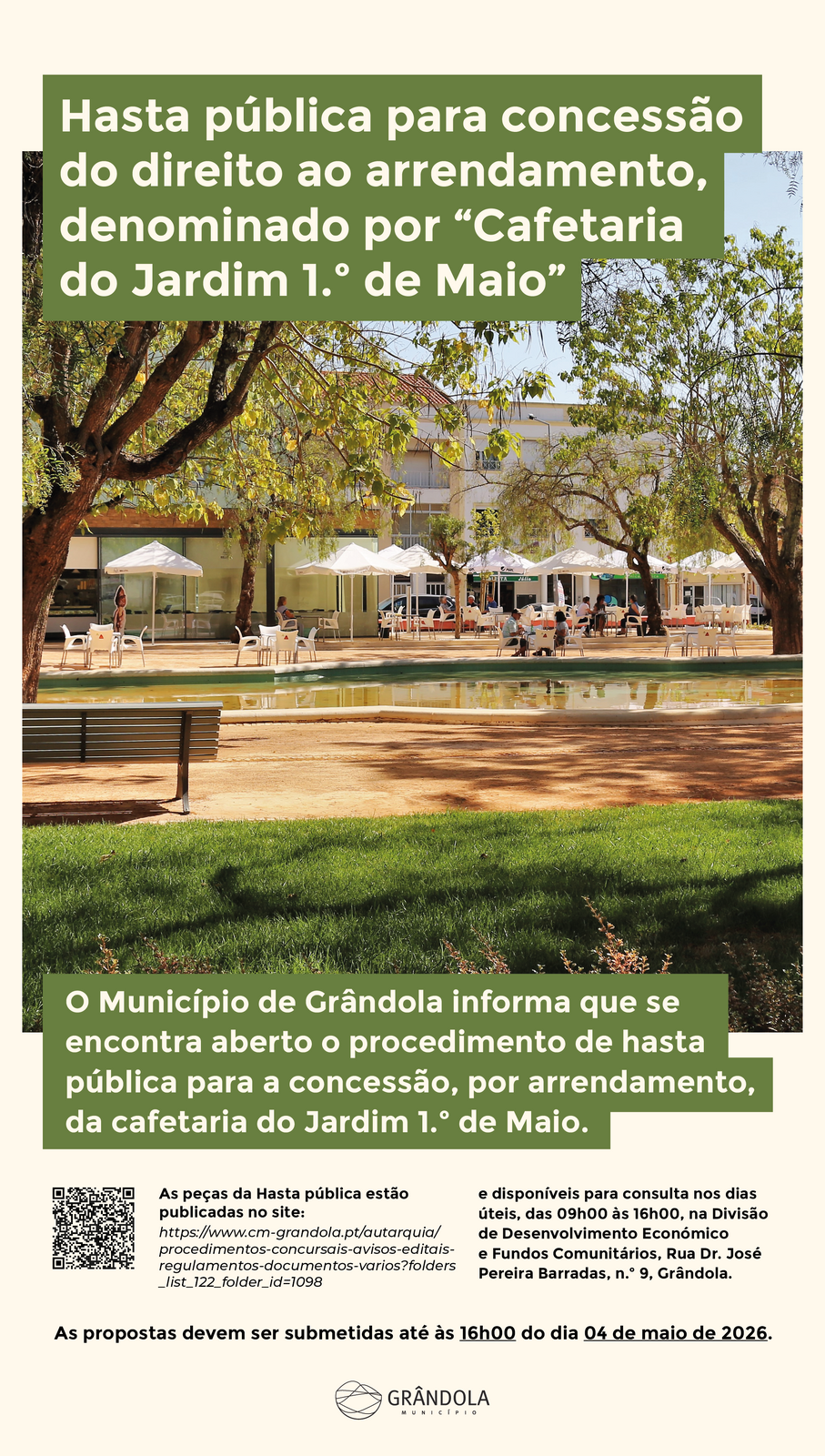 Hasta pública para concessão do direito ao arrendamento, denominado por “Cafetaria do Jardim 1º d...